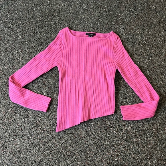 FOREVER21 NWT Bright Pink Square Neck Asymmetrical Ribbed Knit Sweater Shirt M - Picture 6 of 16